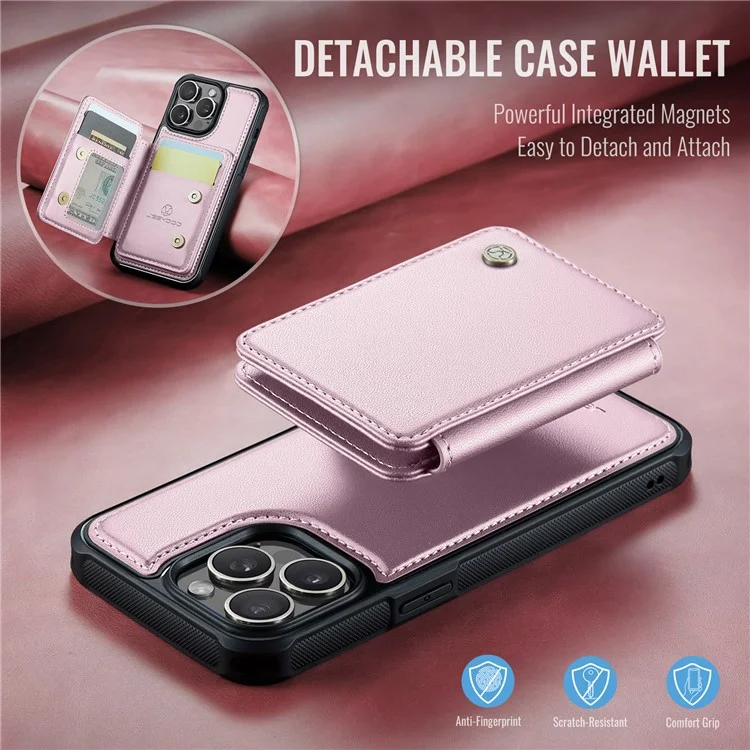 JEEHOOD J05 For iPhone 13 Pro Case Leather Mobile Cover with Detachable Magnetic Card Bag - Pink