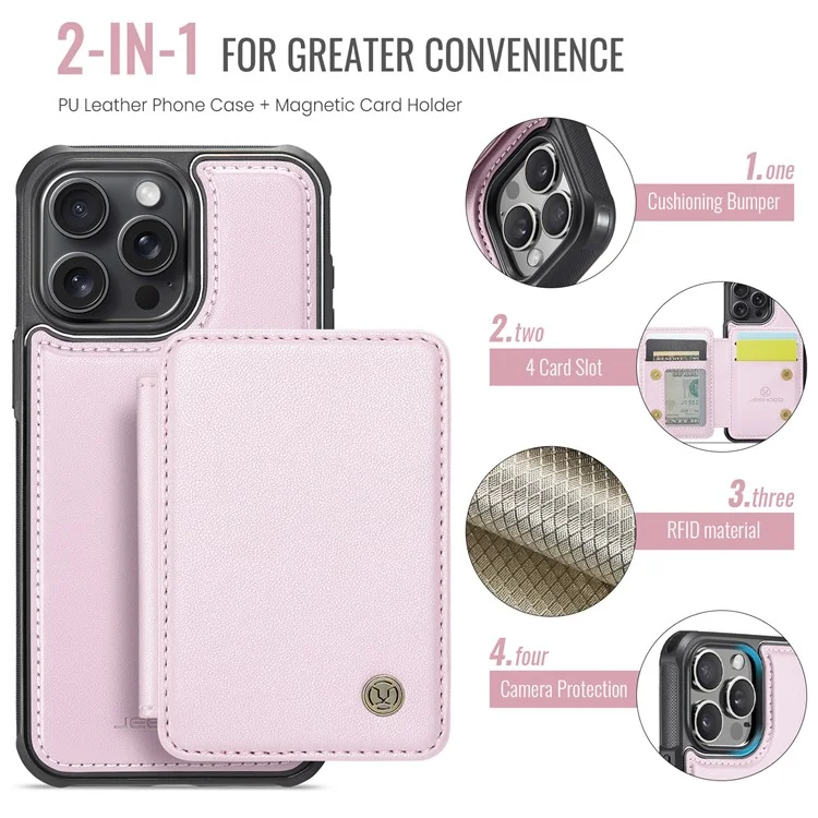 JEEHOOD J05 For iPhone 13 Pro Case Leather Mobile Cover with Detachable Magnetic Card Bag - Pink