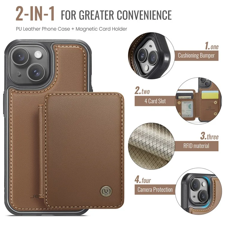 JEEHOOD J05 Für iPhone 13 Case Kartenfächer Leder+TPU Handyhülle Abnehmbares Design - Braun