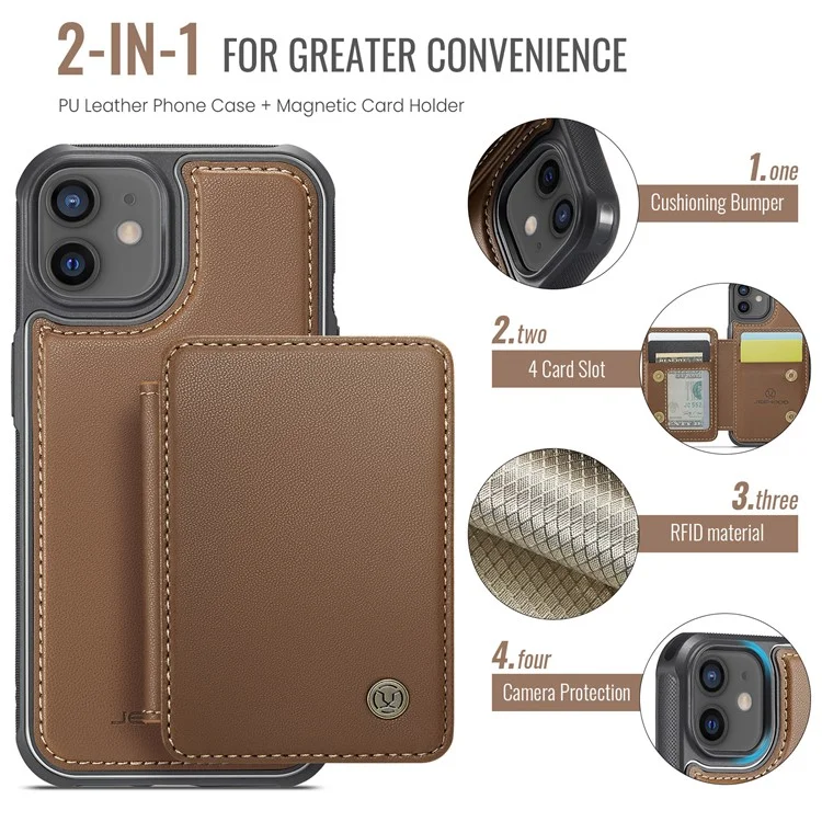 JEEHOOD J05 For iPhone 12 / 12 Pro Case Detachable RFID Blocking Card Bag Phone Cover - Marrom