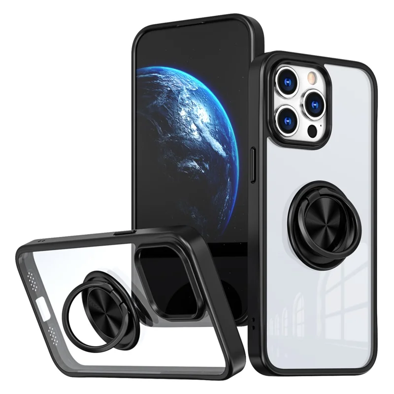 For iPhone 16 Pro Max Case TPU+PC Clear Phone Cover with Rotary Ring Kickstand - Black