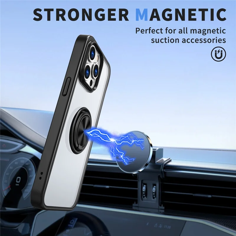 For iPhone 16 Pro Max Case TPU+PC Clear Phone Cover with Rotary Ring Kickstand - Black