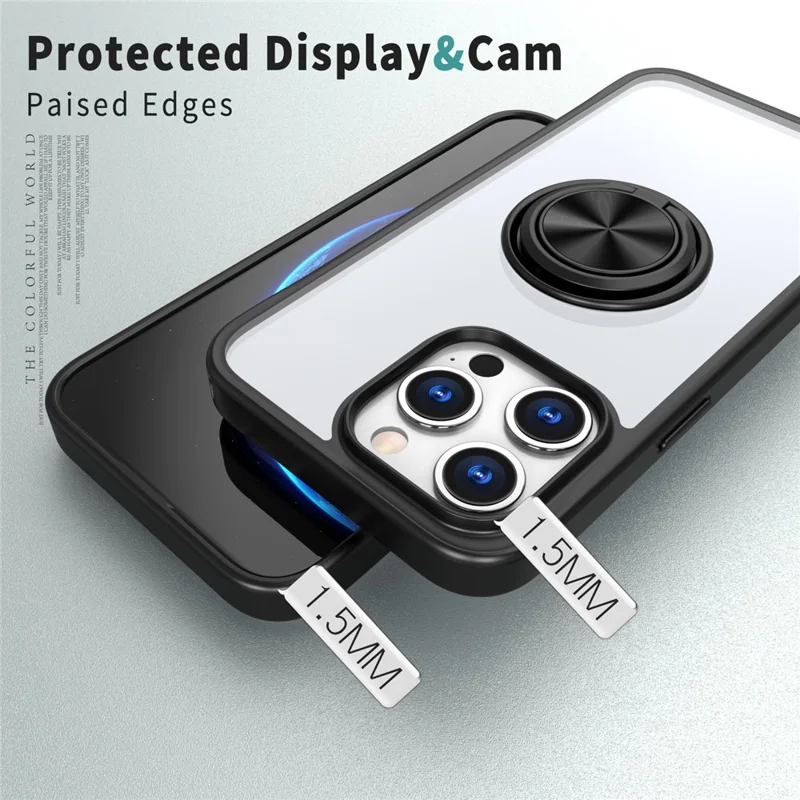 For iPhone 16 Pro Max Case TPU+PC Clear Phone Cover with Rotary Ring Kickstand - Black