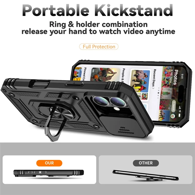For iPhone 16 Plus Case Ring Kickstand PC+TPU Phone Protector with Slide Camera Cover - Black
