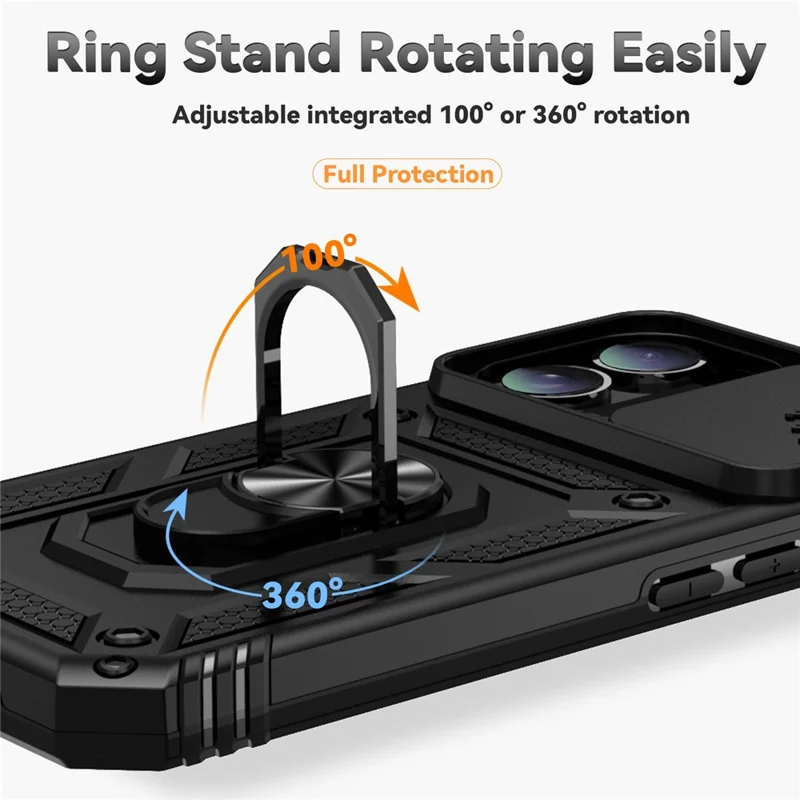 For iPhone 16 Plus Case Ring Kickstand PC+TPU Phone Protector with Slide Camera Cover - Black