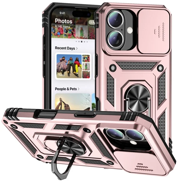 For iPhone 16 Plus Case Ring Kickstand PC+TPU Phone Protector with Slide Camera Cover - Rose Gold