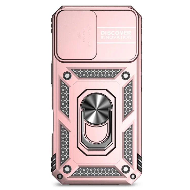 For iPhone 16 Plus Case Ring Kickstand PC+TPU Phone Protector with Slide Camera Cover - Rose Gold