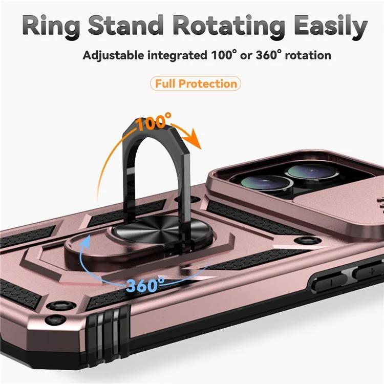 For iPhone 16 Plus Case Ring Kickstand PC+TPU Phone Protector with Slide Camera Cover - Rose Gold