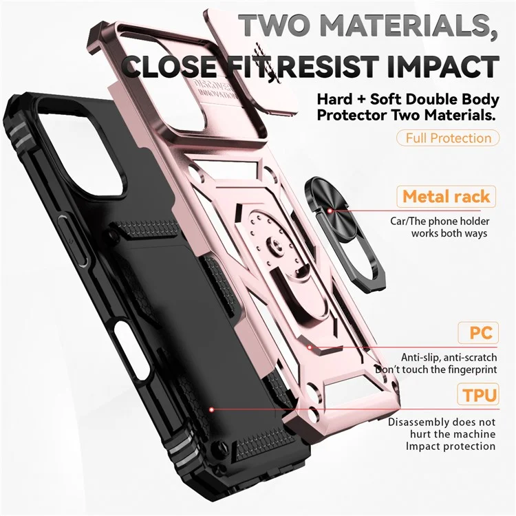 For iPhone 16 Plus Case Ring Kickstand PC+TPU Phone Protector with Slide Camera Cover - Rose Gold