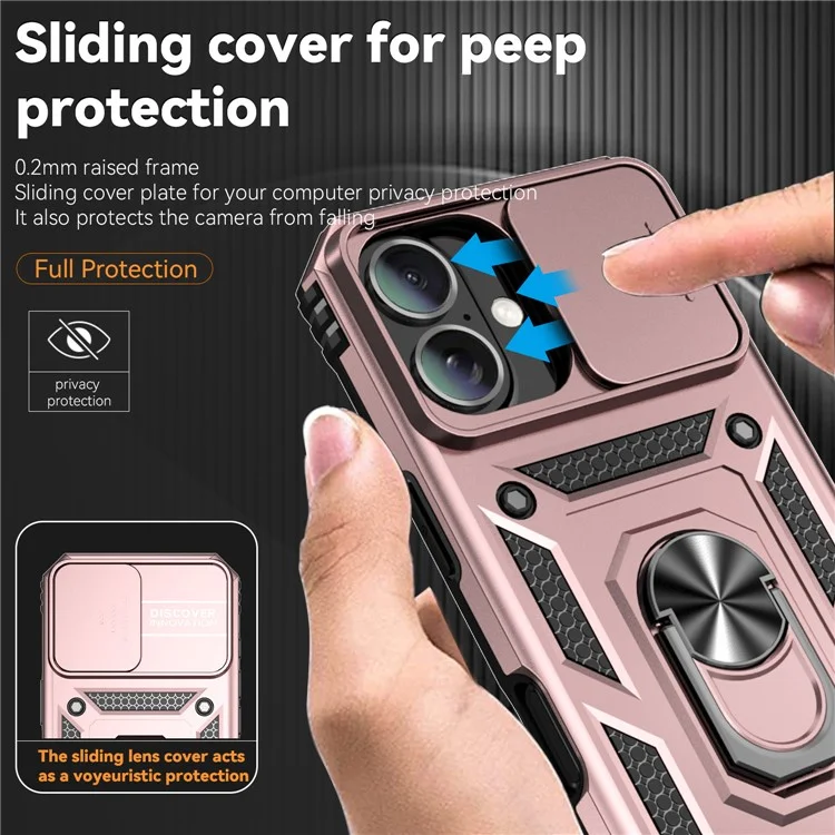 For iPhone 16 Plus Case Ring Kickstand PC+TPU Phone Protector with Slide Camera Cover - Rose Gold