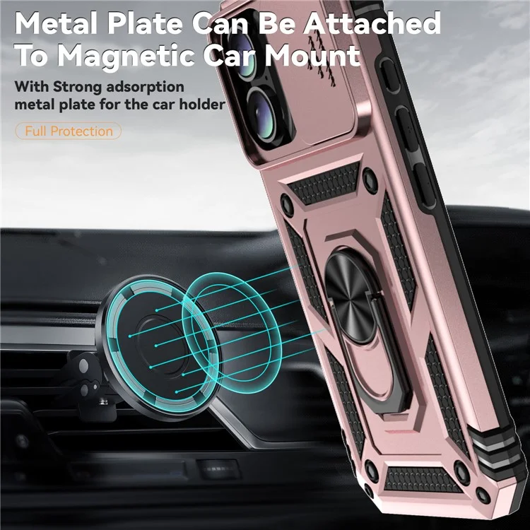 For iPhone 16 Plus Case Ring Kickstand PC+TPU Phone Protector with Slide Camera Cover - Rose Gold