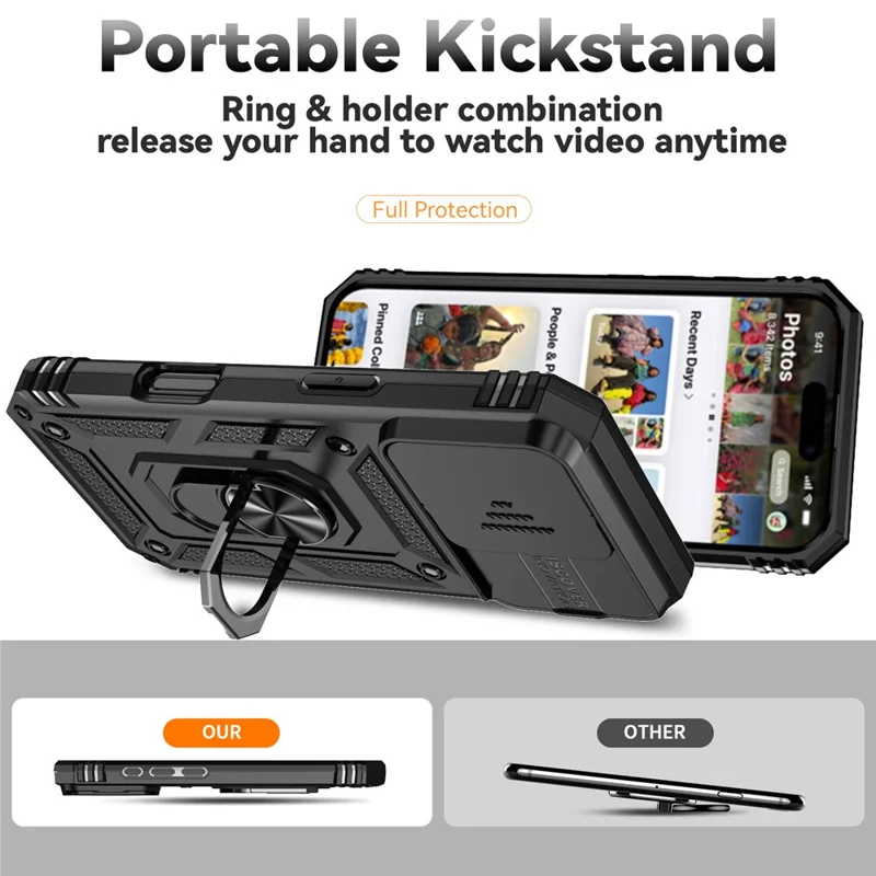 Para iPhone 16 Pro Max Case Ring Kickstand Slide Camera Lid PC+TPU Phone Cover - Preto