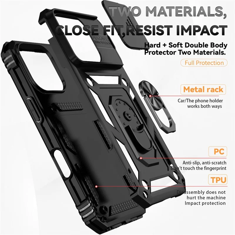 Para iPhone 16 Pro Max Case Ring Kickstand Slide Camera Lid PC+TPU Phone Cover - Preto