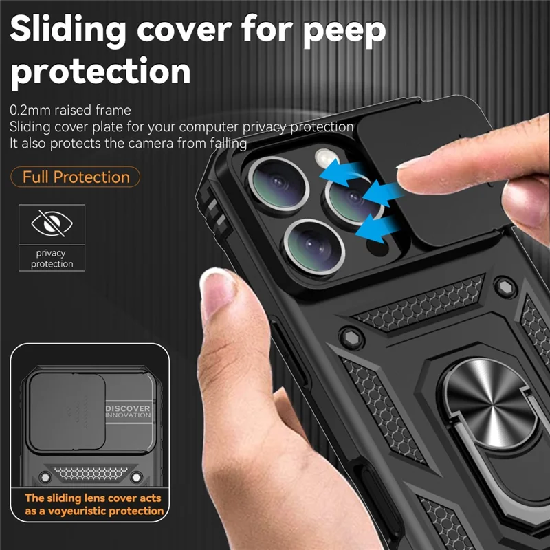 Para iPhone 16 Pro Max Case Ring Kickstand Slide Camera Lid PC+TPU Phone Cover - Preto