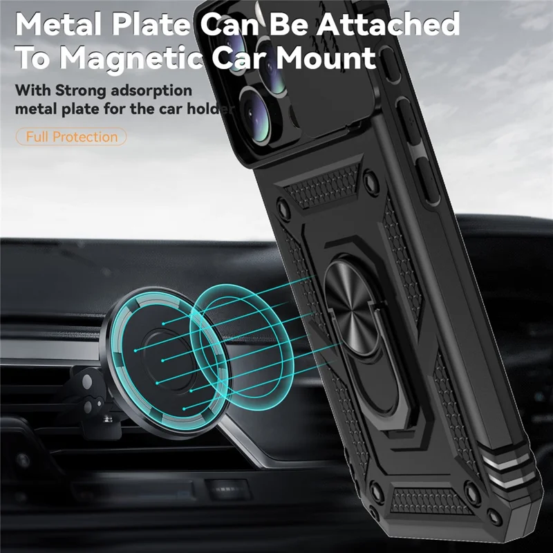Para iPhone 16 Pro Max Case Ring Kickstand Slide Camera Lid PC+TPU Phone Cover - Preto
