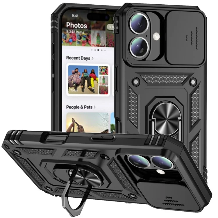 Für iPhone 16 Case Ring Halter Ständer Camshield PC+TPU Handyhülle - Schwarz
