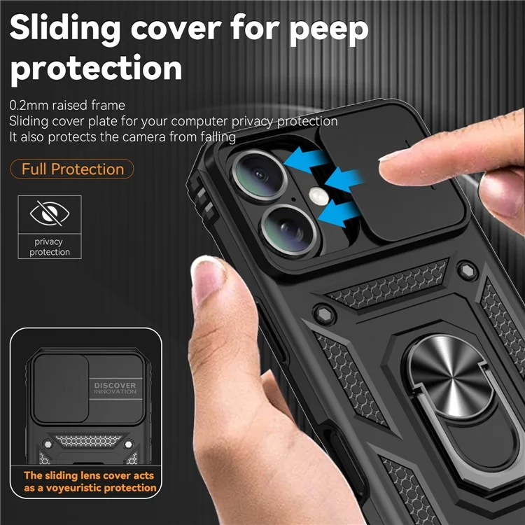 Für iPhone 16 Case Ring Halter Ständer Camshield PC+TPU Handyhülle - Schwarz
