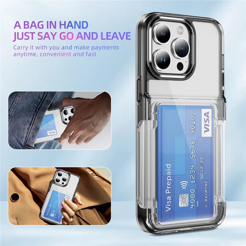 For iPhone 16 Pro Case TPU + Acrylic Clear Transparent Back Card Holder Phone Cover - Transparent Black
