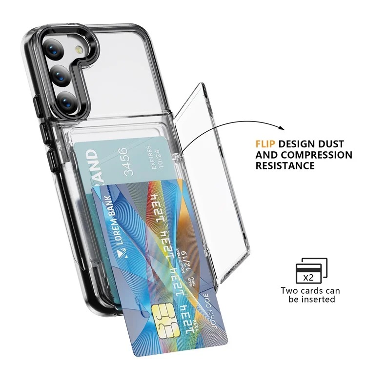 For Samsung Galaxy S22 5G Case TPU + Acrylic Phone Protector Card Holder Flip Cover Kickstand - Transparent Black
