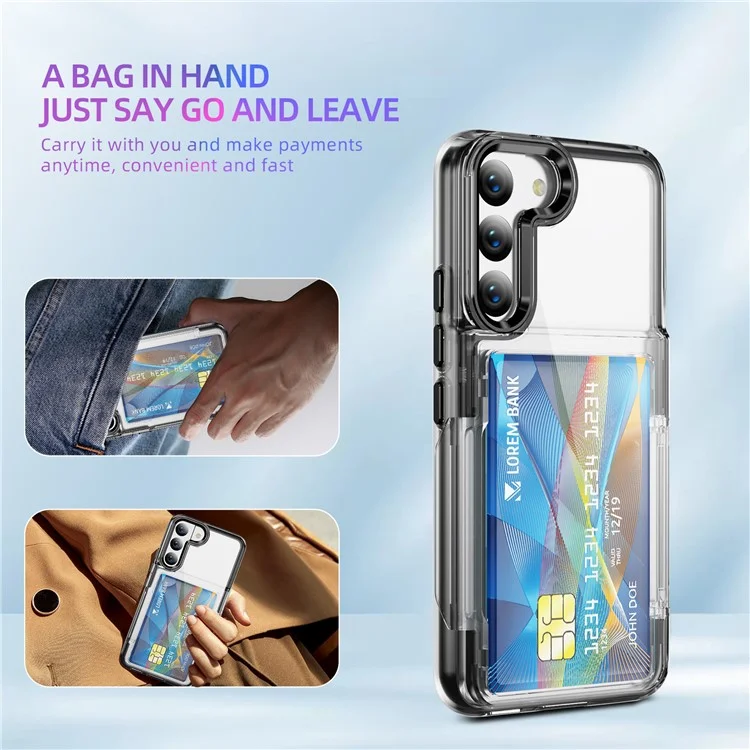 For Samsung Galaxy S22 5G Case TPU + Acrylic Phone Protector Card Holder Flip Cover Kickstand - Transparent Black
