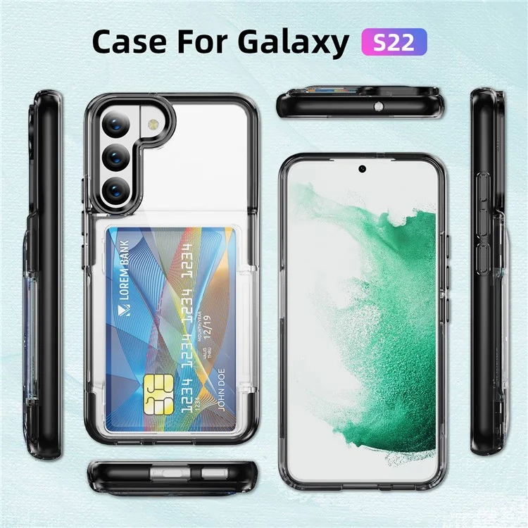 For Samsung Galaxy S22 5G Case TPU + Acrylic Phone Protector Card Holder Flip Cover Kickstand - Transparent Black
