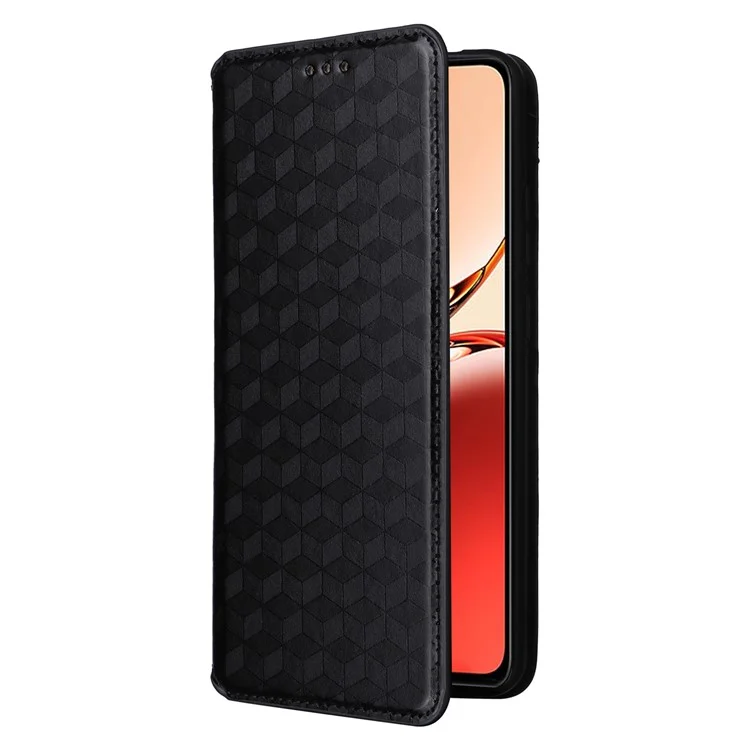 Для Oppo Reno12 F 5G / Oppo F27 5G Чехол-бумажник из искусственной кожи, чехол для телефона, ромбовидный рисунок - черный