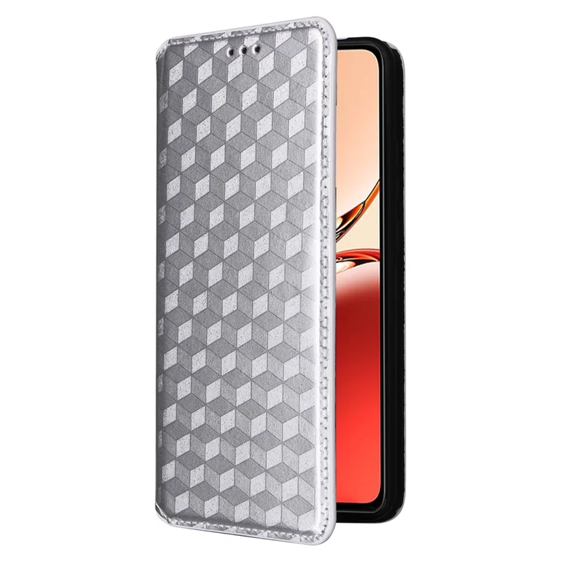 For Oppo Reno12 F 5G / Oppo F27 5G Case Leather Wallet Phone Cover Rhombus Imprinted - Silver
