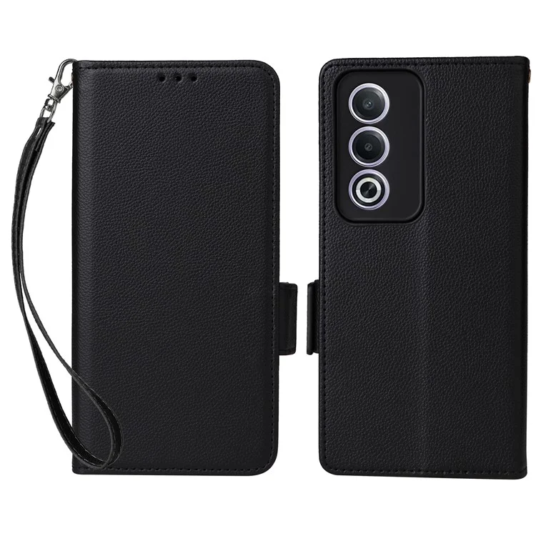 For Oppo A80 5G / A3 Pro (Global) 5G / K12x 5G (India) / A3x 5G (China) Case with Wrist Strap Litchi Texture PU Leather Wallet Phone Cover - Black