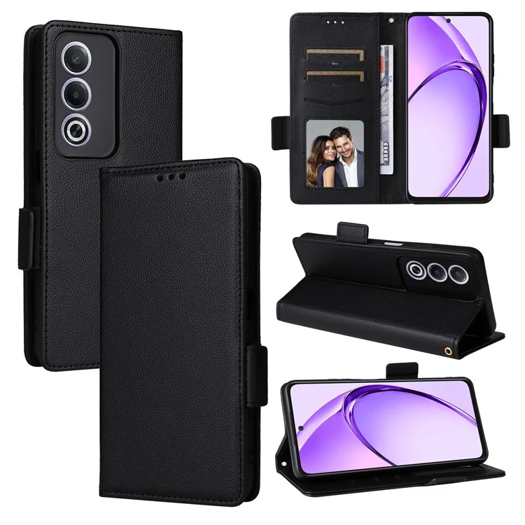 For Oppo A80 5G / A3 Pro (Global) 5G / K12x 5G (India) / A3x 5G (China) Case with Wrist Strap Litchi Texture PU Leather Wallet Phone Cover - Black