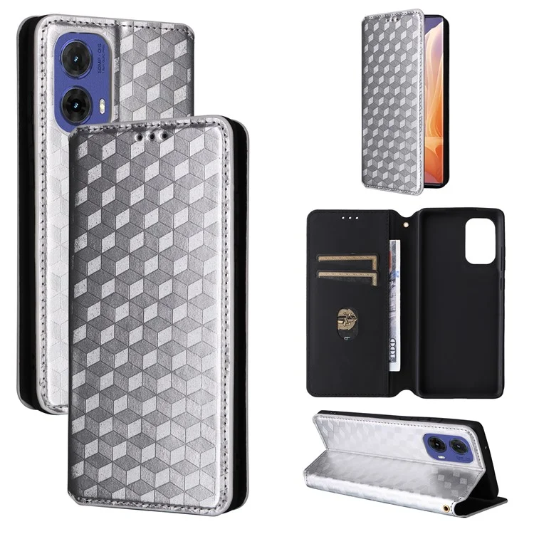 Para Motorola Moto G85 5G / S50 Neo 5G Capa Case Carteira de Couro PU Rhombus Phone Cover - Prata