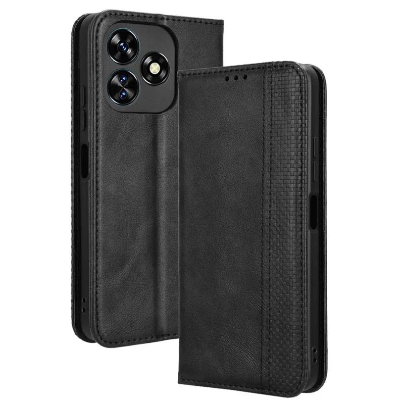 For Oukitel C51 Case Retro PU Leather Wallet Phone Cover Stand - Black