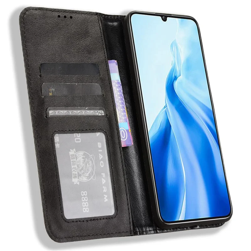 For Oukitel C51 Case Retro PU Leather Wallet Phone Cover Stand - Black