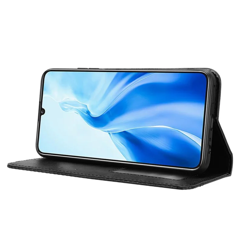 For Oukitel C51 Case Retro PU Leather Wallet Phone Cover Stand - Black