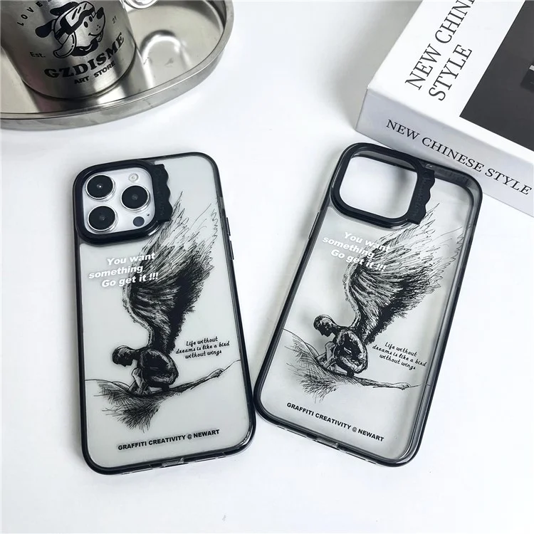 Para iPhone 13 Pro Max Case Pattern Design PC + TPU Phone Cover Curly Lens Frame Shape - Sketching Wings