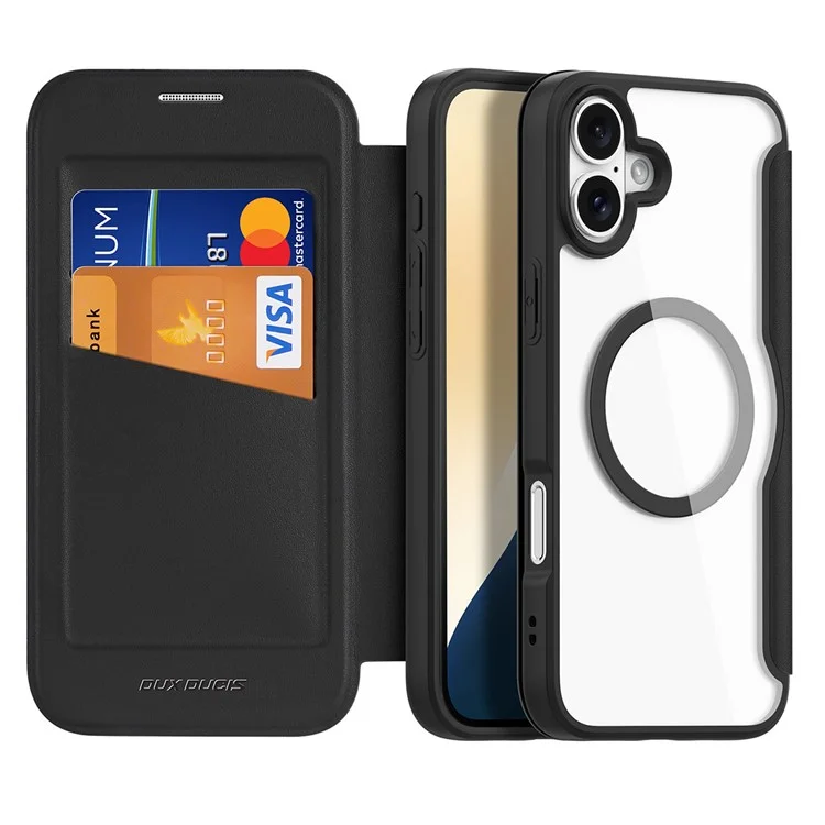 DUX DUCIS Skin X Pro for iPhone 16 Magnetic Case Card Slot PU Leather Flip Phone Cover - Black