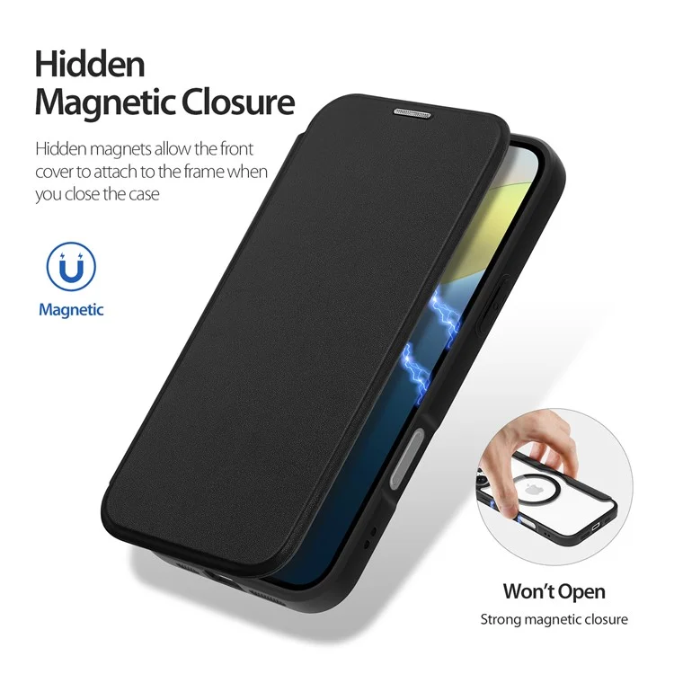 DUX DUCIS Skin X Pro for iPhone 16 Magnetic Case Card Slot PU Leather Flip Phone Cover - Black