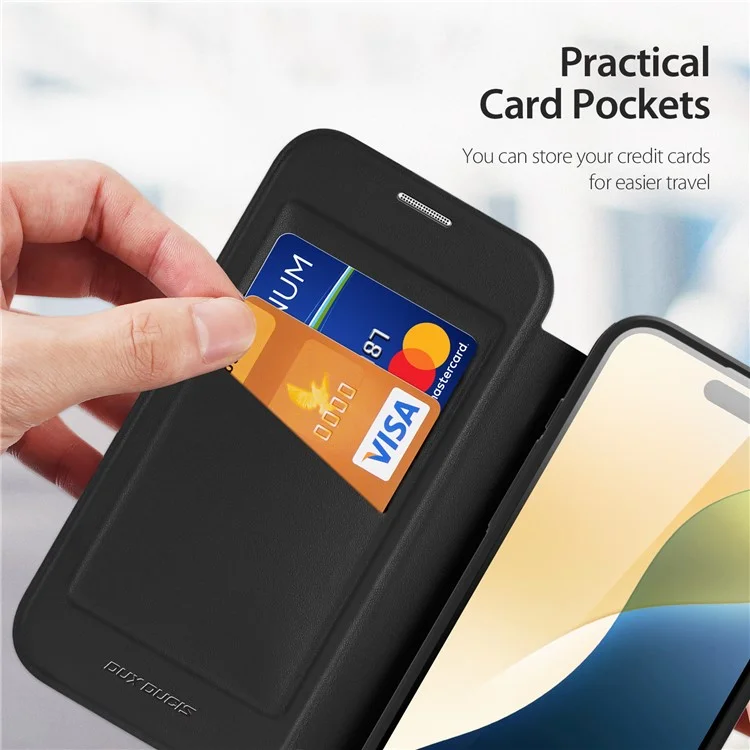DUX DUCIS Skin X Pro for iPhone 16 Magnetic Case Card Slot PU Leather Flip Phone Cover - Black