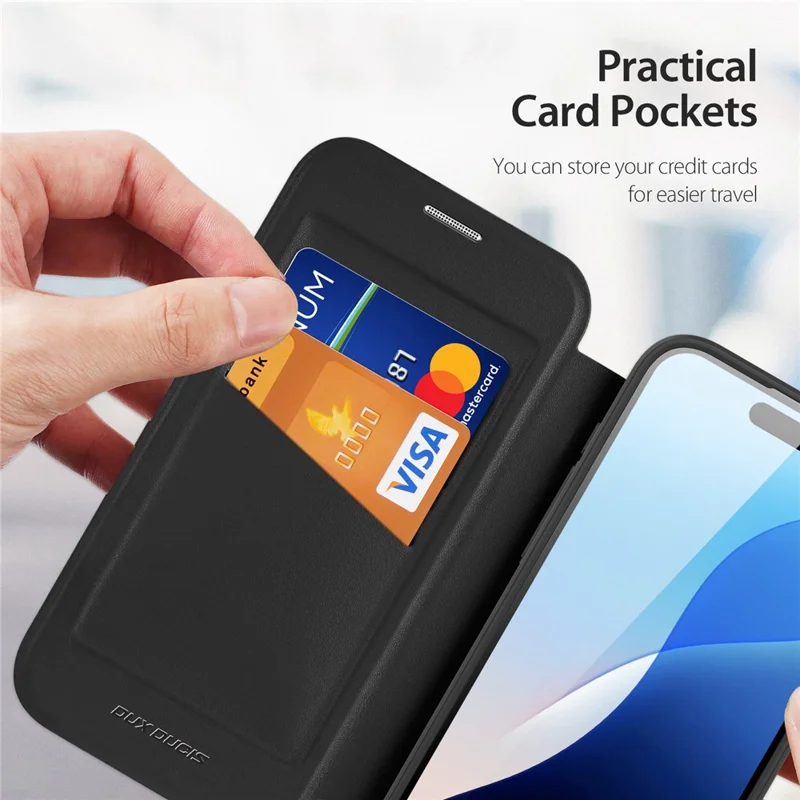 DUX DUCIS Skin X Pro for iPhone 16 Pro Max Magnetic Phone Case Card Holder Leather Cover - Black