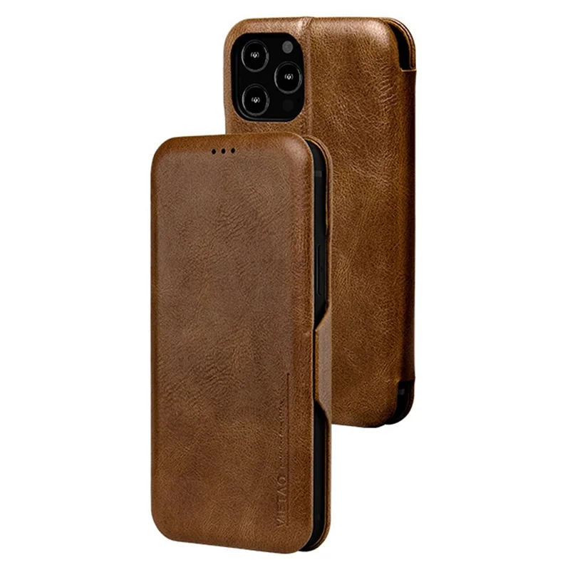 VIETAO For iPhone 13 Pro 6.1 inch Phone Case Anti-Fall Shockproof Case PU Leather Phone Cover with Stand / Card Holder - Brown