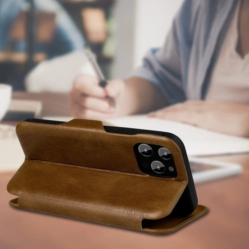 VIETAO For iPhone 13 Pro 6.1 inch Phone Case Anti-Fall Shockproof Case PU Leather Phone Cover with Stand / Card Holder - Brown