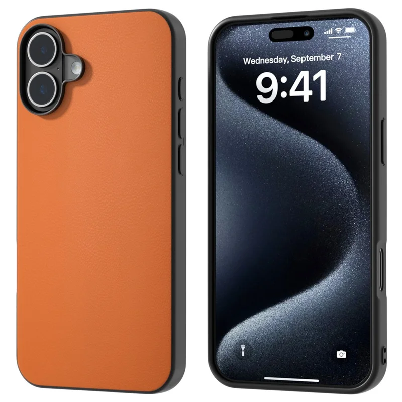 For iPhone 16 Plus Case Anti-Drop PU Leather Coated TPU+PC Phone Cover - Orange