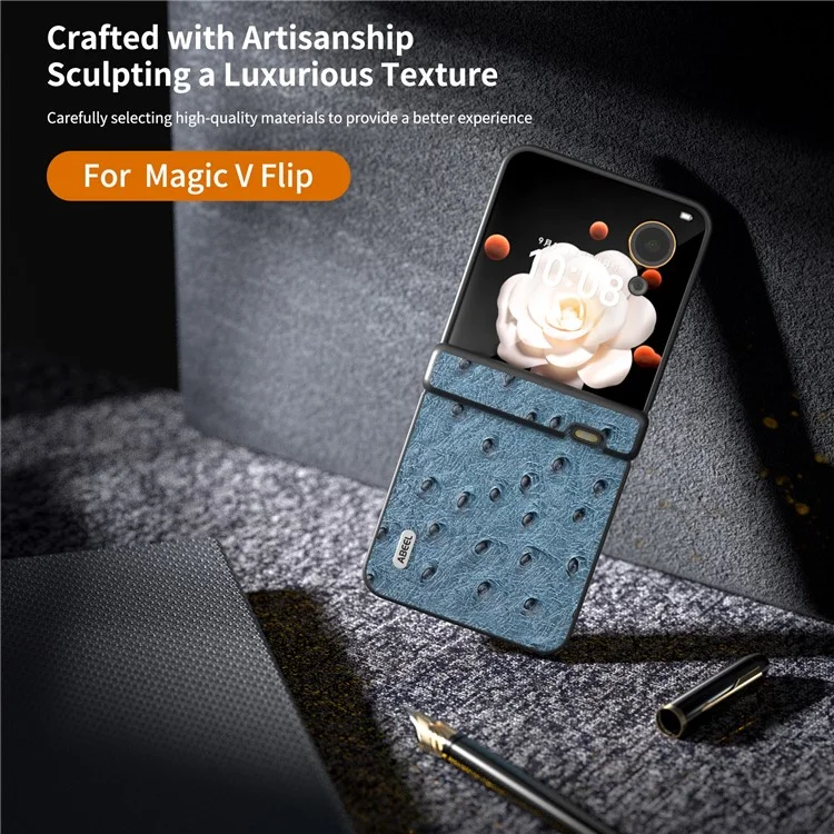 ABEEL For Honor Magic V Flip 5G Case Hinge Design Genuine Cow Leather+PC Phone Cover - Azul