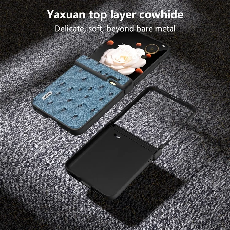 ABEEL For Honor Magic V Flip 5G Case Hinge Design Genuine Cow Leather+PC Phone Cover - Azul
