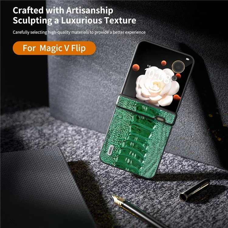 ABEEL For Honor Magic V Flip 5G Case Genuine Cow Leather+PC Cover Hinge Protection - Verde