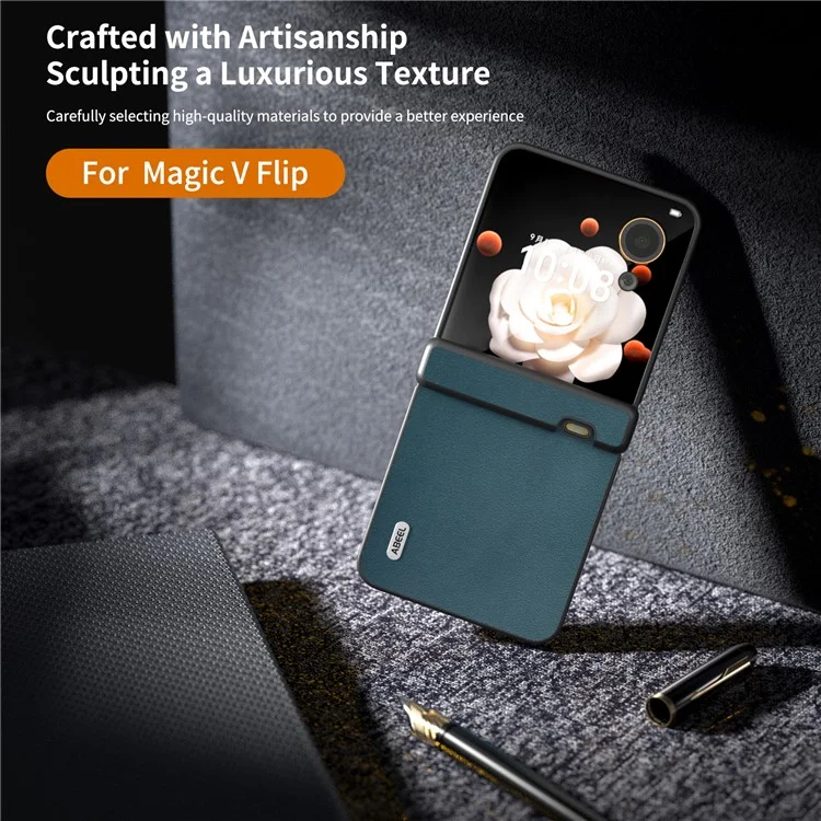 ABEEL For Honor Magic V Flip 5G Case Genuine Cow Leather+PC Hinge Protection Phone Cover - Verde