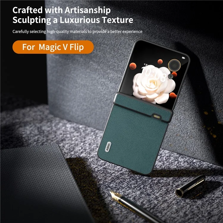 ABEEL Capa para Honor Magic V Flip 5G com design de dobradiça, couro de vaca genuíno + PC - Verde meia-noite