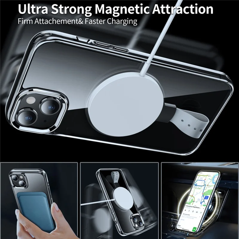 For iPhone 14 Case Compatible with MagSafe Hard PC Clear Phone Cover Ring Holder  - Transparent Silver / Orange Rope