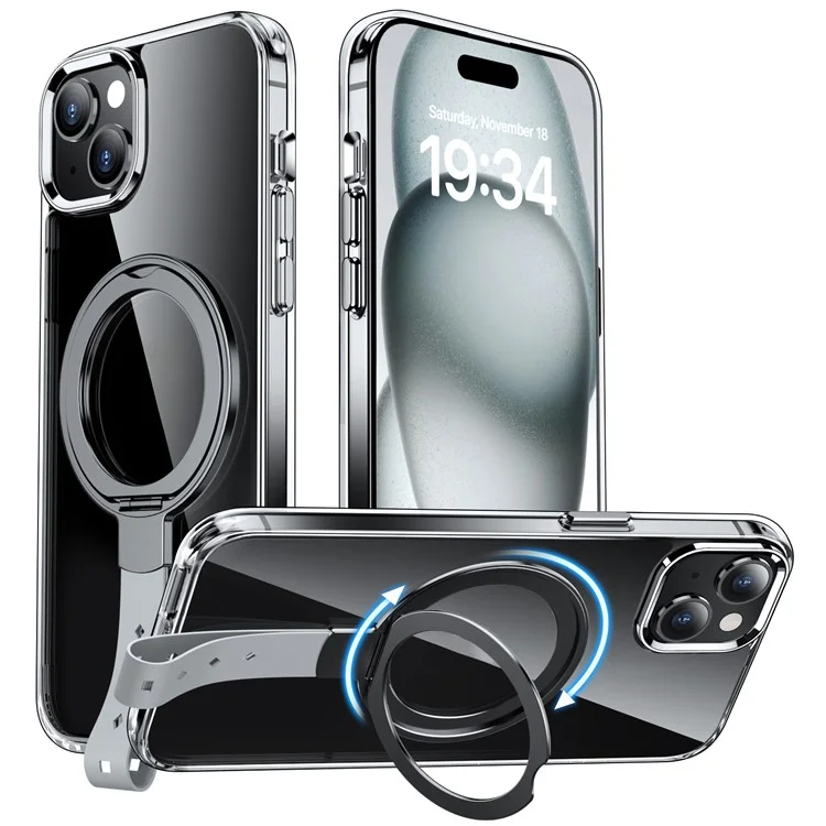 For iPhone 15 Plus Magnetic Case Clear PC Shockproof Phone Cover Grip Kickstand - Transparent Black / Grey Rope
