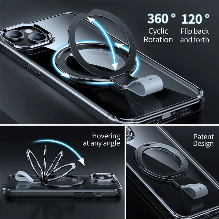 For iPhone 15 Plus Magnetic Case Clear PC Shockproof Phone Cover Grip Kickstand - Transparent Black / Grey Rope