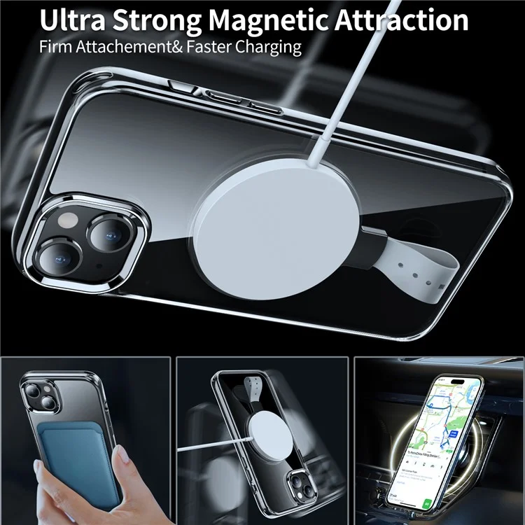 For iPhone 15 Plus Magnetic Case Clear PC Shockproof Phone Cover Grip Kickstand - Transparent Black / Grey Rope